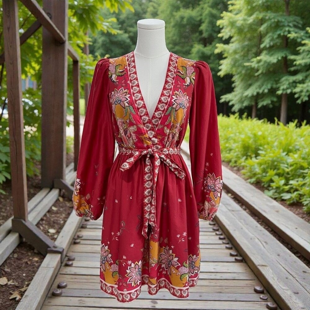Antonio Melani Boho Floral Cottagecore Festival Red‎ Long Sleeve Cotton Dress 2